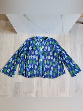 Women's Floral Pleated Button-Front Blouse - Blue/Green